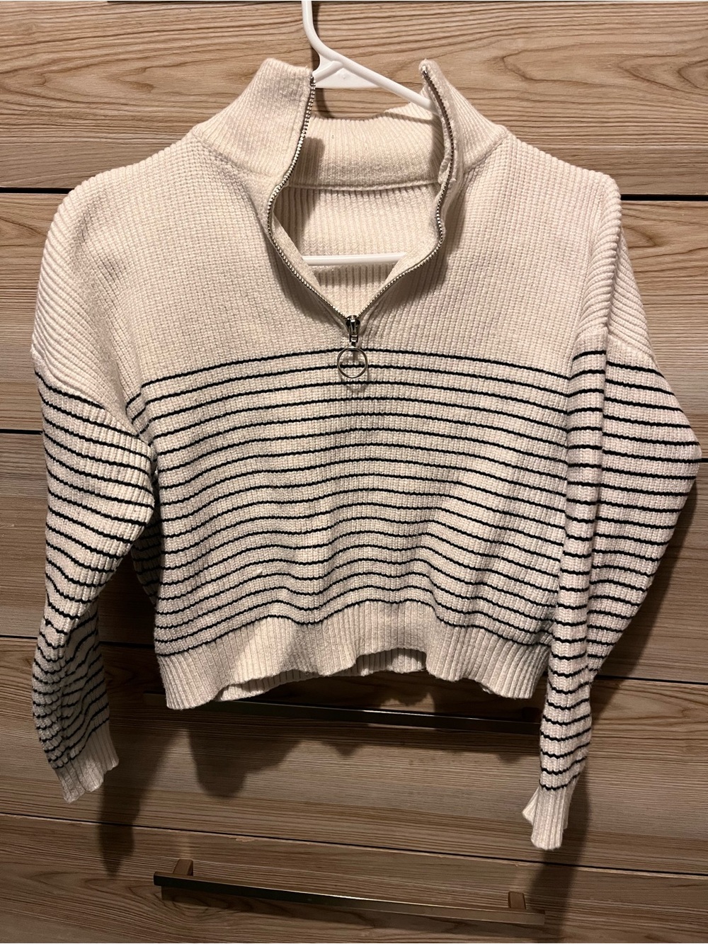 Commense Cream Sweater with Black Stripes and Quarter-Zip